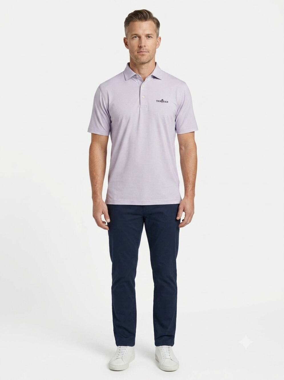Peter Millar Golf Polo Shirt Mens L White Purplen Striped Thornblade Logo Preppy